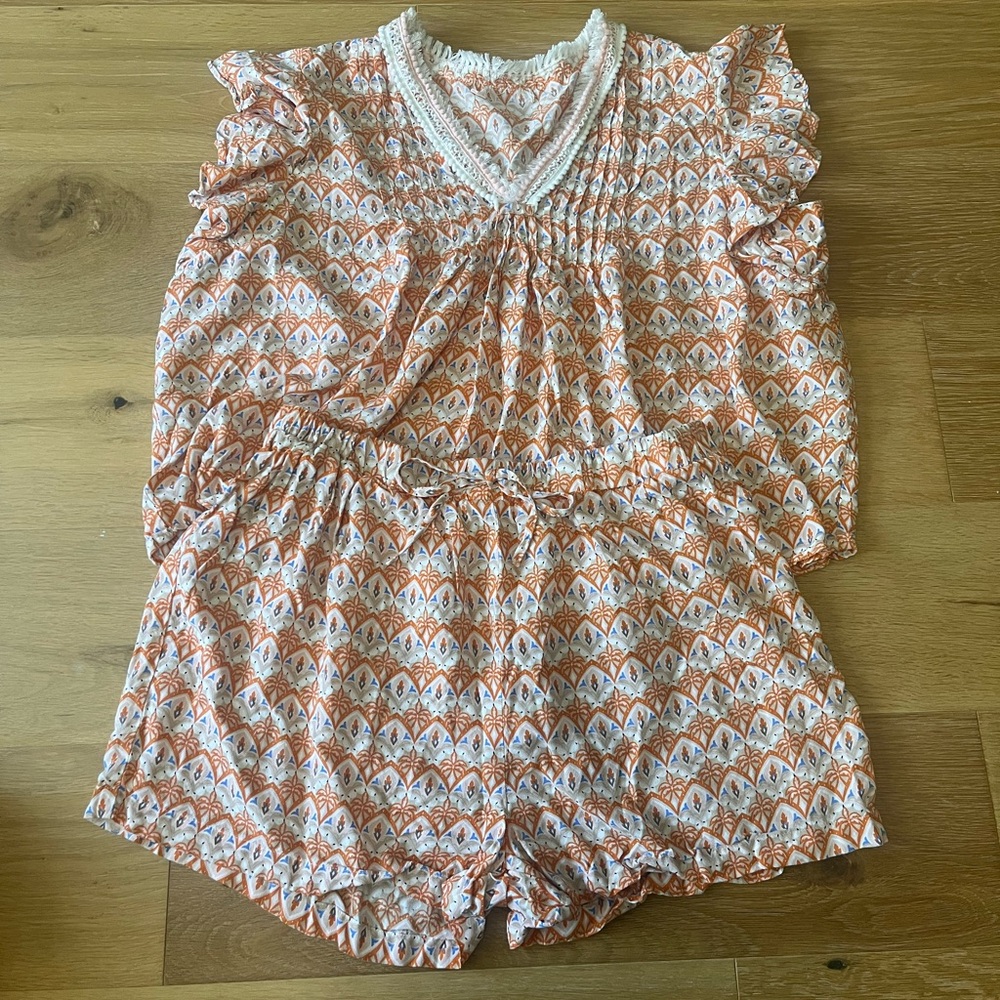 Japna pajama set shorts shortsleeve XL orange boho print ruffle sleeve vneck